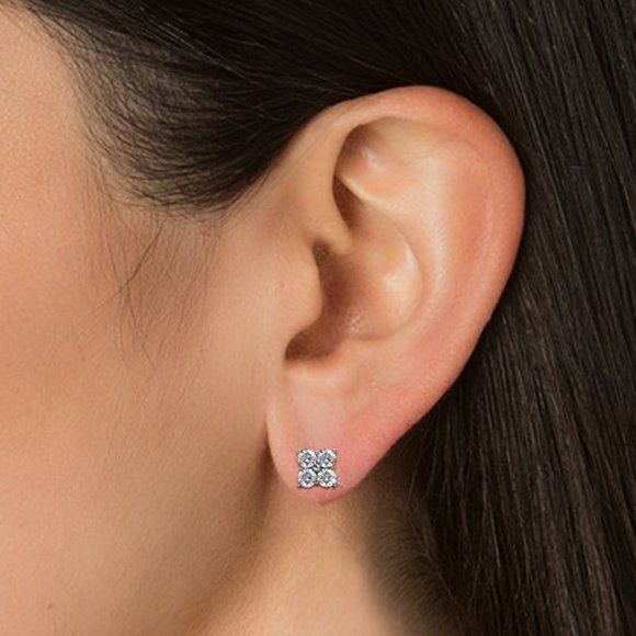 Square Flower Diamond Stud Earrings Australian Crystals - Picture 3 of 5